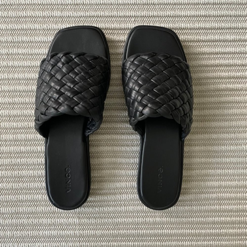 VINCE Rumi Woven Leather Slide Sandal - Black Size 8